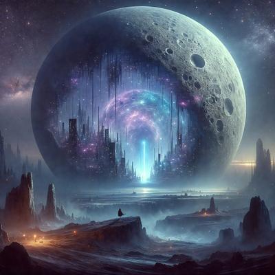 The primary subject of the image is a large, purple, blue, and white planet with a city on it. The setting is a futuristic, space-themed environment, with a backdrop of a starry sky. The visual style is a digital art or illustration, creating a vibrant and colorful atmosphere. The dominant colors are purple, blue, and white, with the starry sky adding a sense of depth and wonder to the scene.